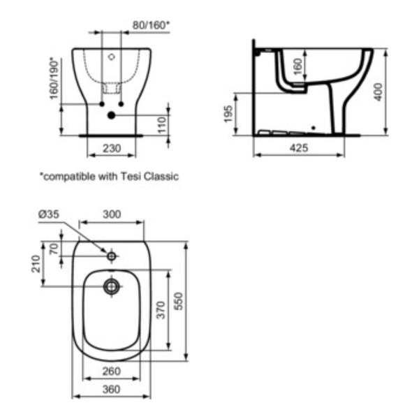 IDEAL STANDARD TESI BIDET BIANCO monoforo per installazione filo parete