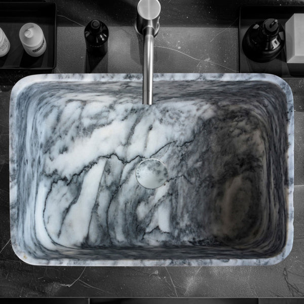 LAVABO DARK INK in marmo naturale 45,5x32,5x13cm - CIPÍ lavandino da appoggio unico con venature bianche e grigie