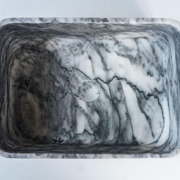 LAVABO DARK INK in marmo naturale 45,5x32,5x13cm - CIPÍ lavandino da appoggio unico con venature bianche e grigie