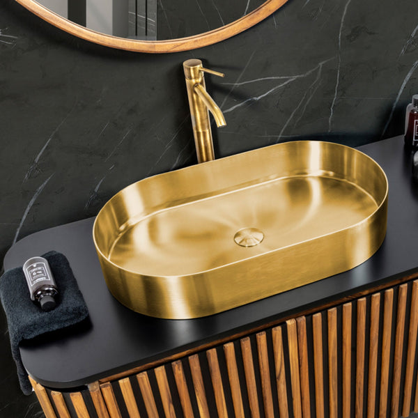 LAVABO FOYER OVALE in acciaio inox PVD - CIPÍ lavandino Design sottile, saldatura invisibile e forma ellittica elegante