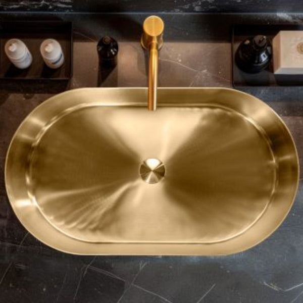 LAVABO FOYER OVALE in acciaio inox PVD - CIPÍ lavandino Design sottile, saldatura invisibile e forma ellittica elegante