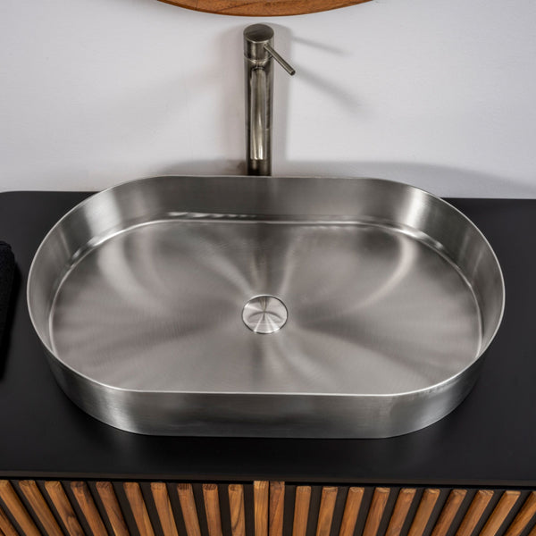 LAVABO FOYER OVALE in acciaio inox PVD - CIPÍ lavandino Design sottile, saldatura invisibile e forma ellittica elegante