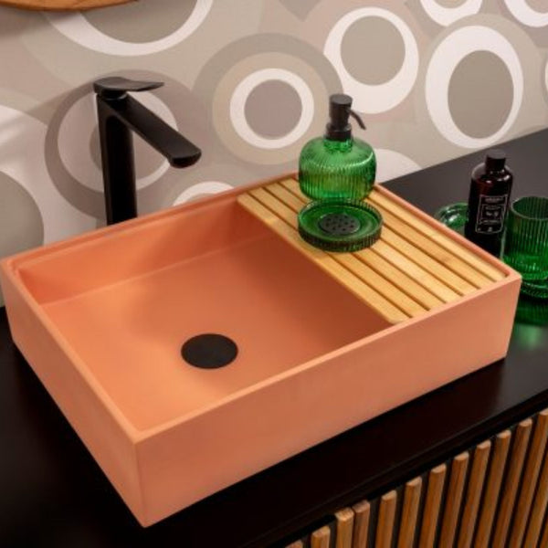 LAVABO MALI VASCA RETTANGOLARE in terrazzo Orange - CIPÍ lavandino con piano in bamboo, stile pop per bagni moderni