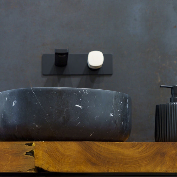 LAVABO NERO MARQUINIA in marmo nero naturale - CIPÍ lavandino da appoggio elegante con piletta coordinata
