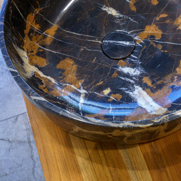LAVABO PORTORO GOLD n marmo nero con venature dorate - CIPÍ lavandino da appoggio elegante con piletta coordinata