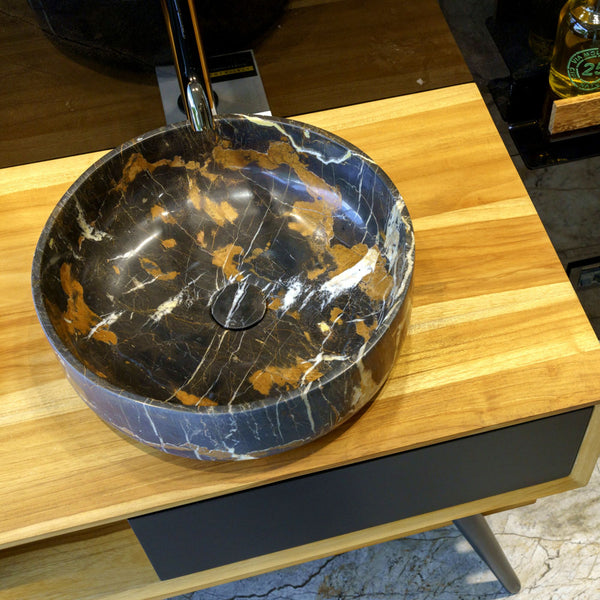 LAVABO PORTORO GOLD n marmo nero con venature dorate - CIPÍ lavandino da appoggio elegante con piletta coordinata