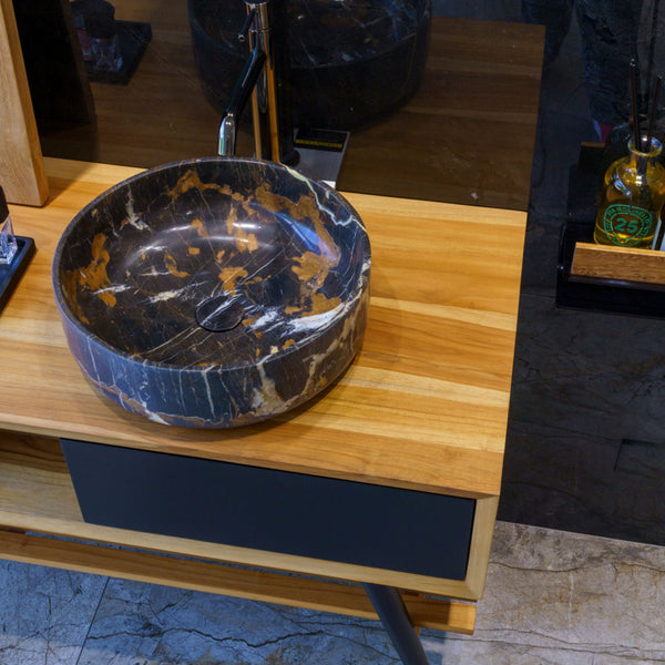 LAVABO PORTORO GOLD n marmo nero con venature dorate - CIPÍ lavandino da appoggio elegante con piletta coordinata