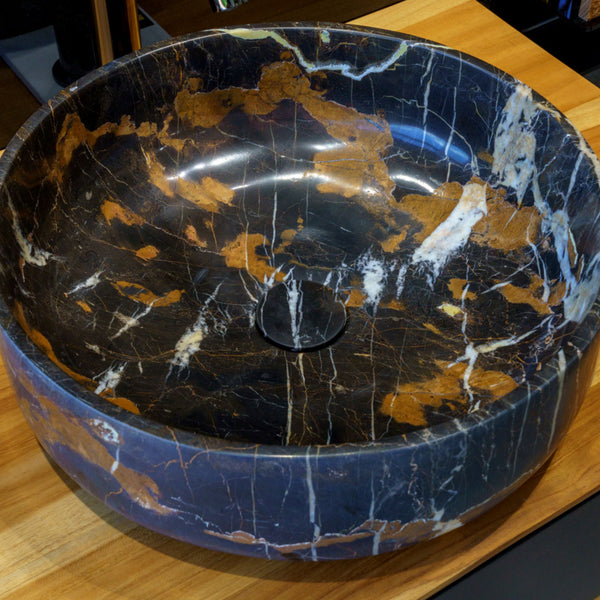 LAVABO PORTORO GOLD n marmo nero con venature dorate - CIPÍ lavandino da appoggio elegante con piletta coordinata