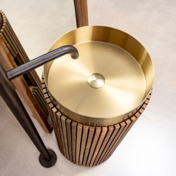 LAVABO SHIELD ROUND FREESTANDING in teak naturale - CIPÍ lavandino foyer moderno in acciaio INOX