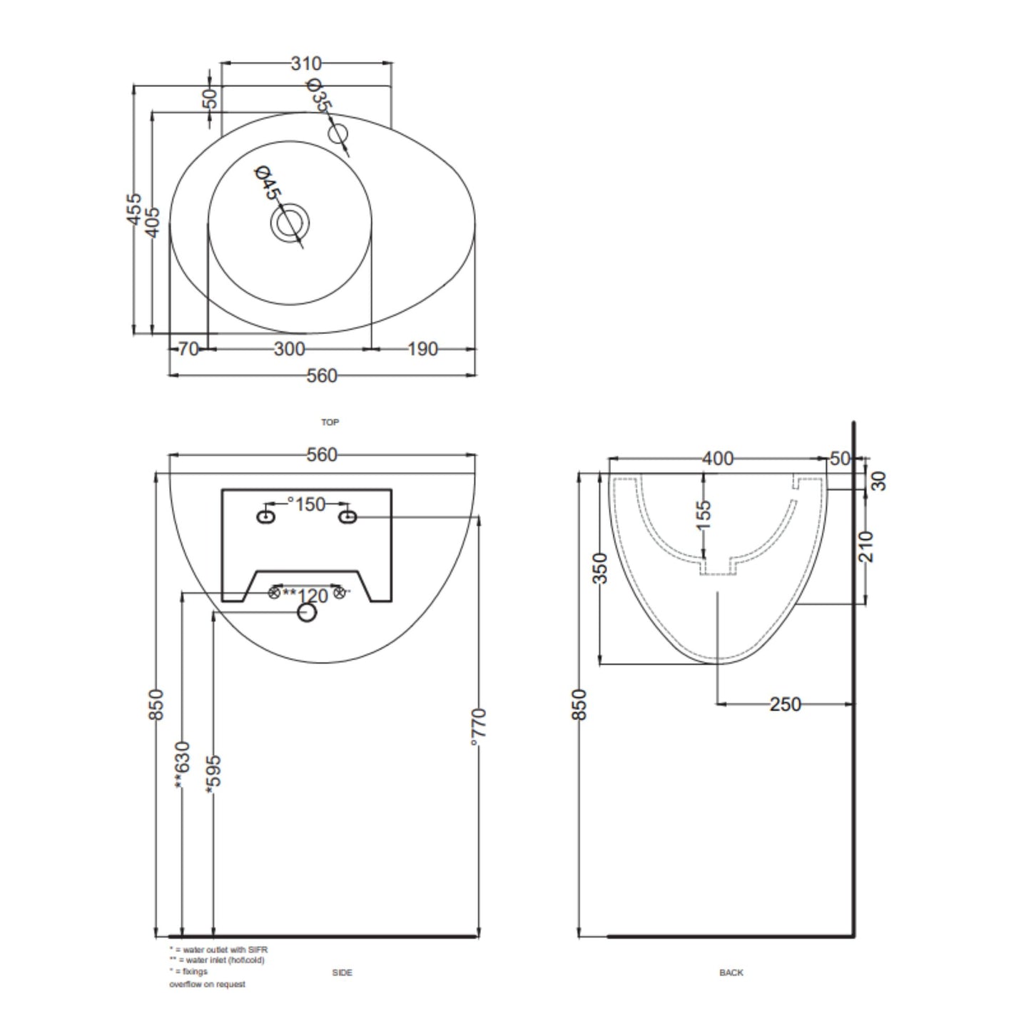 # LAVABO SOSPESO CON TROPPOPIENO LE GIARE 56Cm - CIELO sanitari per bagno in ceramica di alta qualità Made in Italy