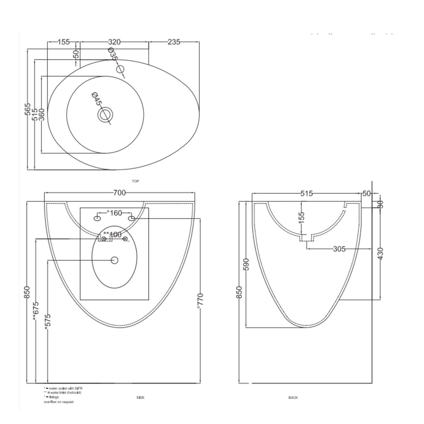 # LAVABO SOSPESO CON TROPPOPIENO LE GIARE 70Cm - CIELO sanitari per bagno in ceramica di alta qualità Made in Italy
