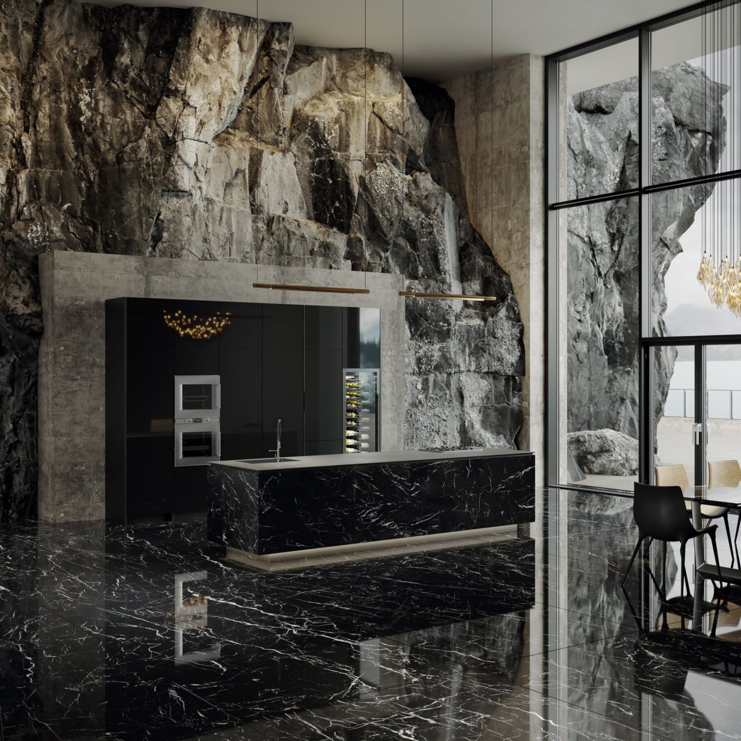 # MARQUINA Gres porcellanato nero lucido - TAGINA Marmo nero lucido con venature bianche