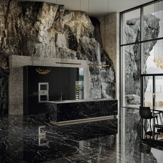 # MARQUINA Gres porcellanato nero lucido - TAGINA Marmo nero lucido con venature bianche