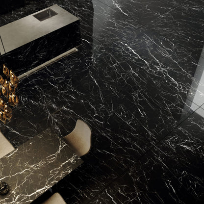 # MARQUINA Gres porcellanato nero lucido - TAGINA Marmo nero lucido con venature bianche