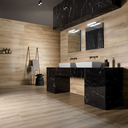 # MARQUINA Gres porcellanato nero lucido - TAGINA Marmo nero lucido con venature bianche