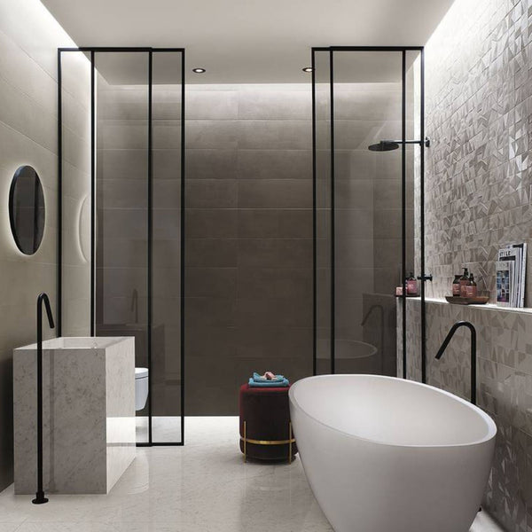 # MAT&MORE - FAP CERAMICHE lavorazioni lucide su fondi matt creano effetti geometrici in rilievo
