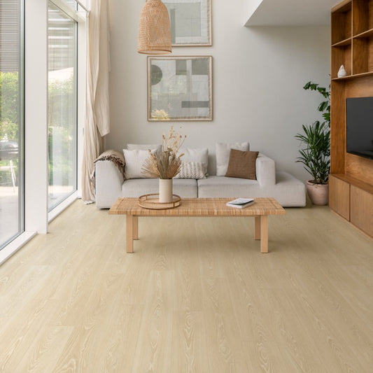 Pavimento in Laminato CLASSIC ROVERE BEIGE GHIACCIATO QUICK-STEP con sistema Uniclic e compatibilità con riscaldamento a pavimento per ambienti residenziali