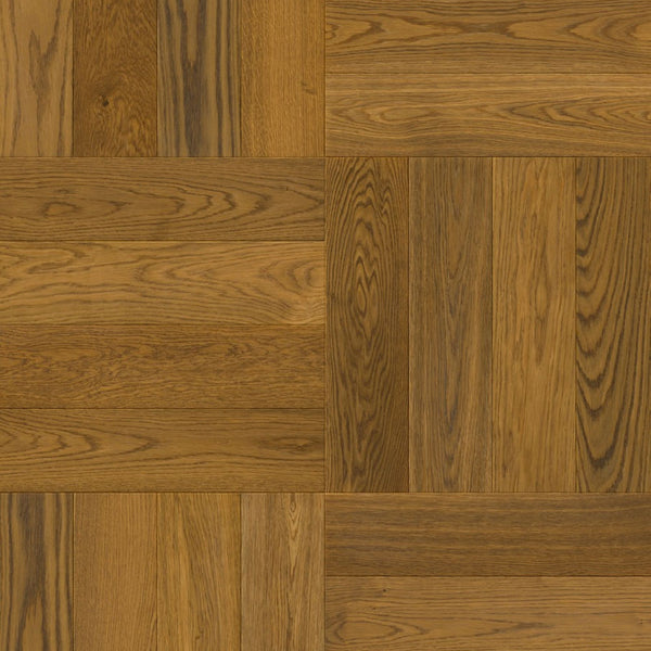 Pavimento in PARQUET DISEGNO ROVERE GREZZO CANNELLA EXTRA OPACO QUICK-STEP motivo a spina di pesce dona profondità e calore agli ambienti residenziali