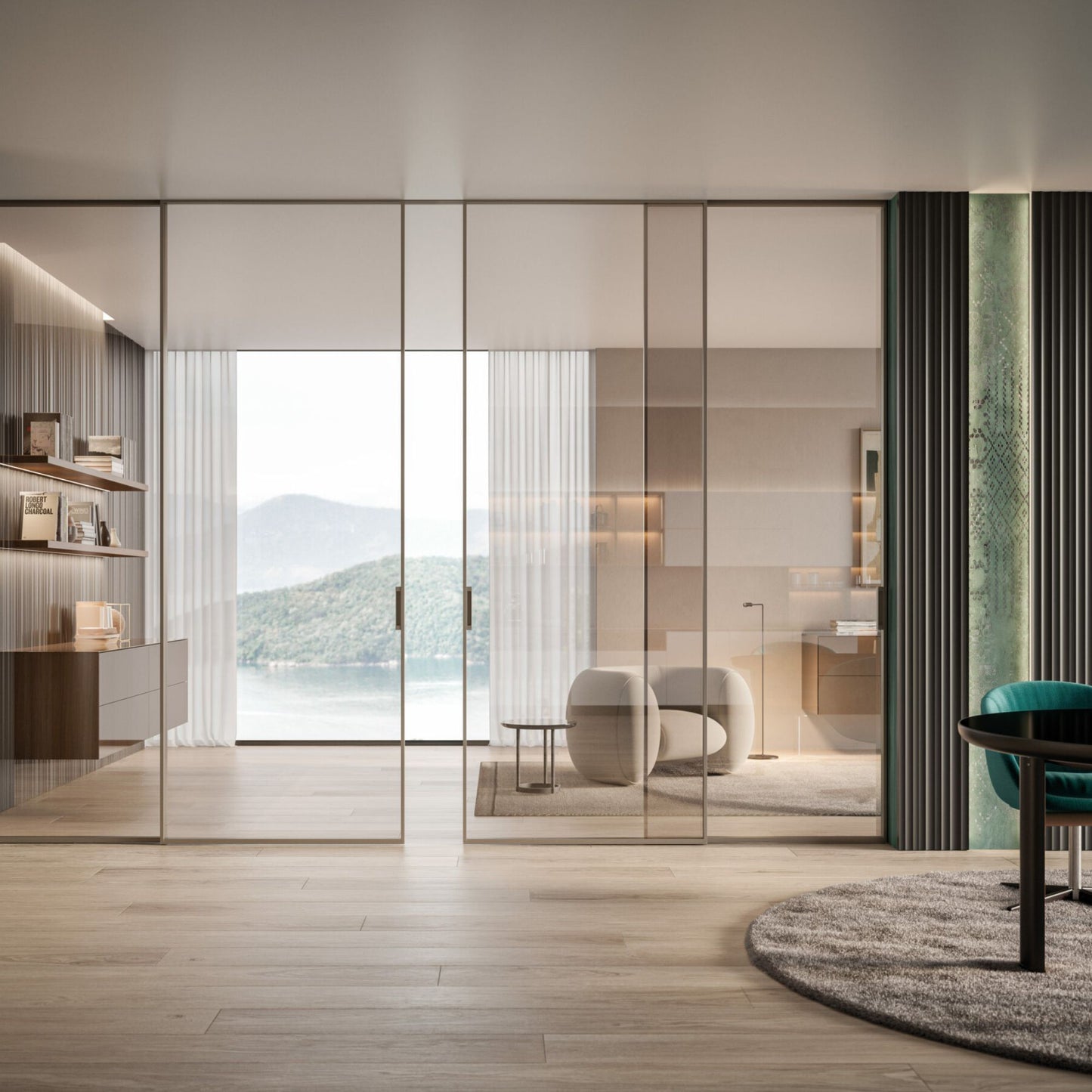 # PORTA SELENE - RES ITALIA con cornice sottile e minimale studiata per esaltare la leggerezza e la purezza del vetro