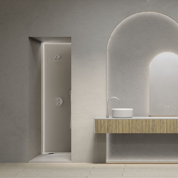 # PIATTO DOCCIA SFERA con bordatura curva sottile - FIORA BATH unisce design asimmetrico e forme arrotondate