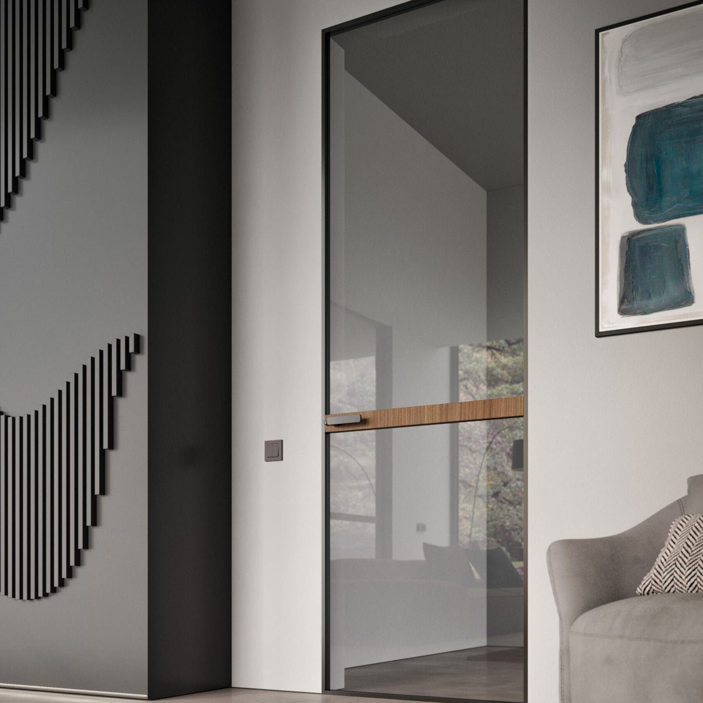 # PORTA SELENE - RES ITALIA con cornice sottile e minimale studiata per esaltare la leggerezza e la purezza del vetro