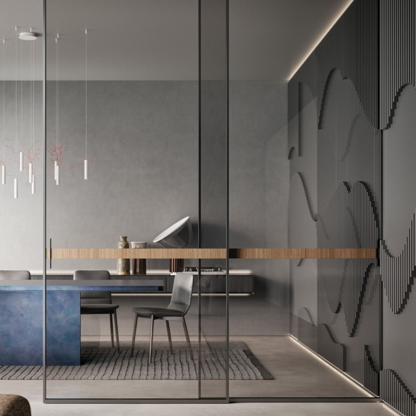 # PORTA SELENE - RES ITALIA con cornice sottile e minimale studiata per esaltare la leggerezza e la purezza del vetro