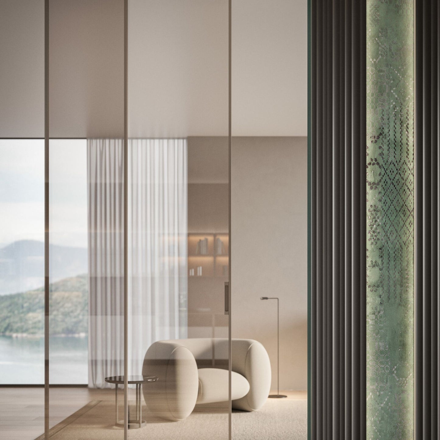 # PORTA SELENE - RES ITALIA con cornice sottile e minimale studiata per esaltare la leggerezza e la purezza del vetro