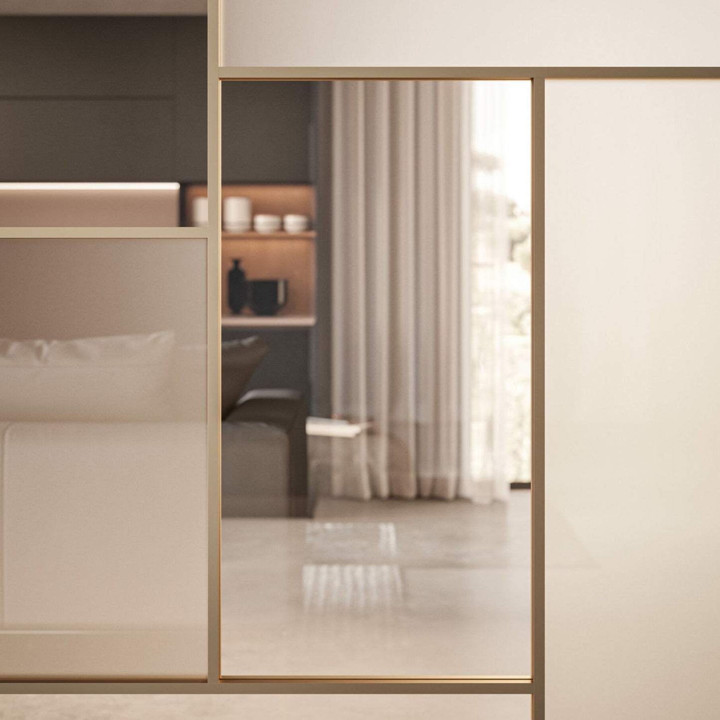 # PORTA SELENE - RES ITALIA con cornice sottile e minimale studiata per esaltare la leggerezza e la purezza del vetro