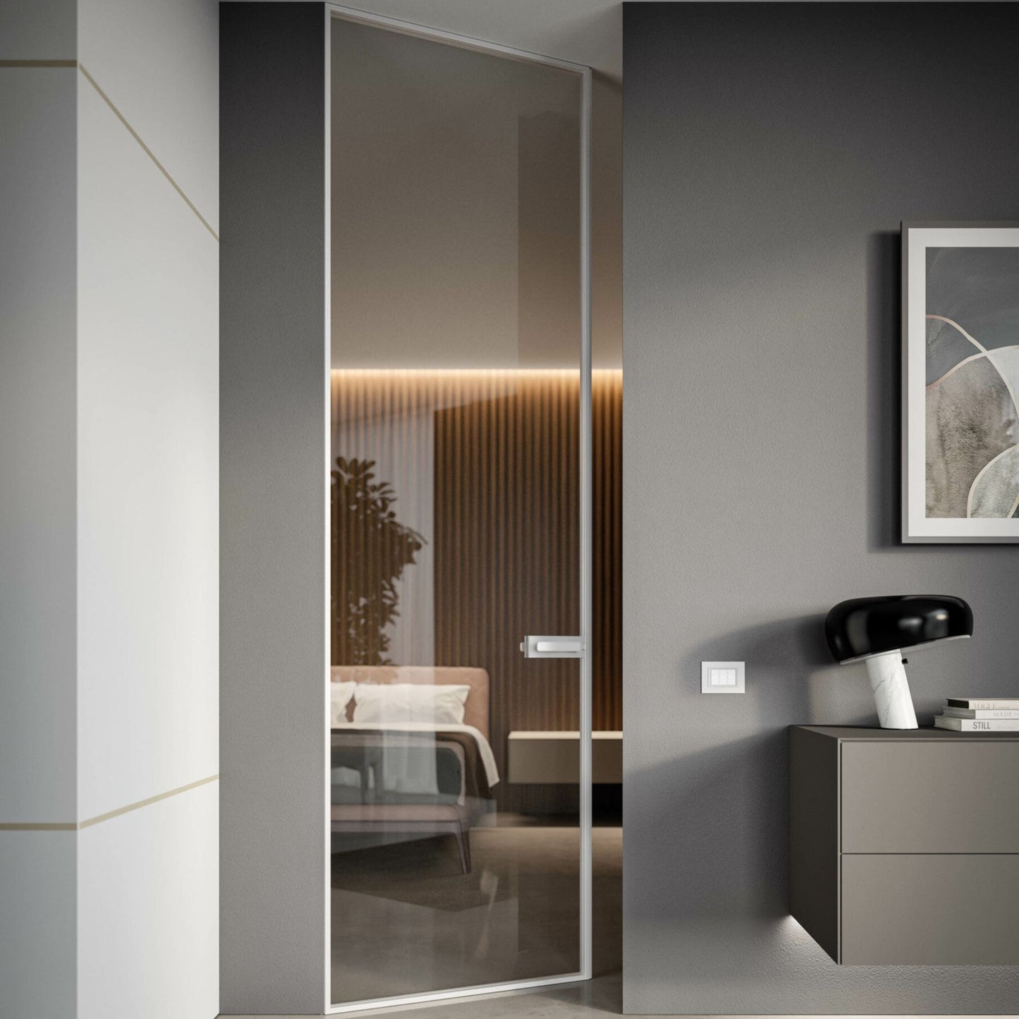 # PORTA SELENE - RES ITALIA con cornice sottile e minimale studiata per esaltare la leggerezza e la purezza del vetro