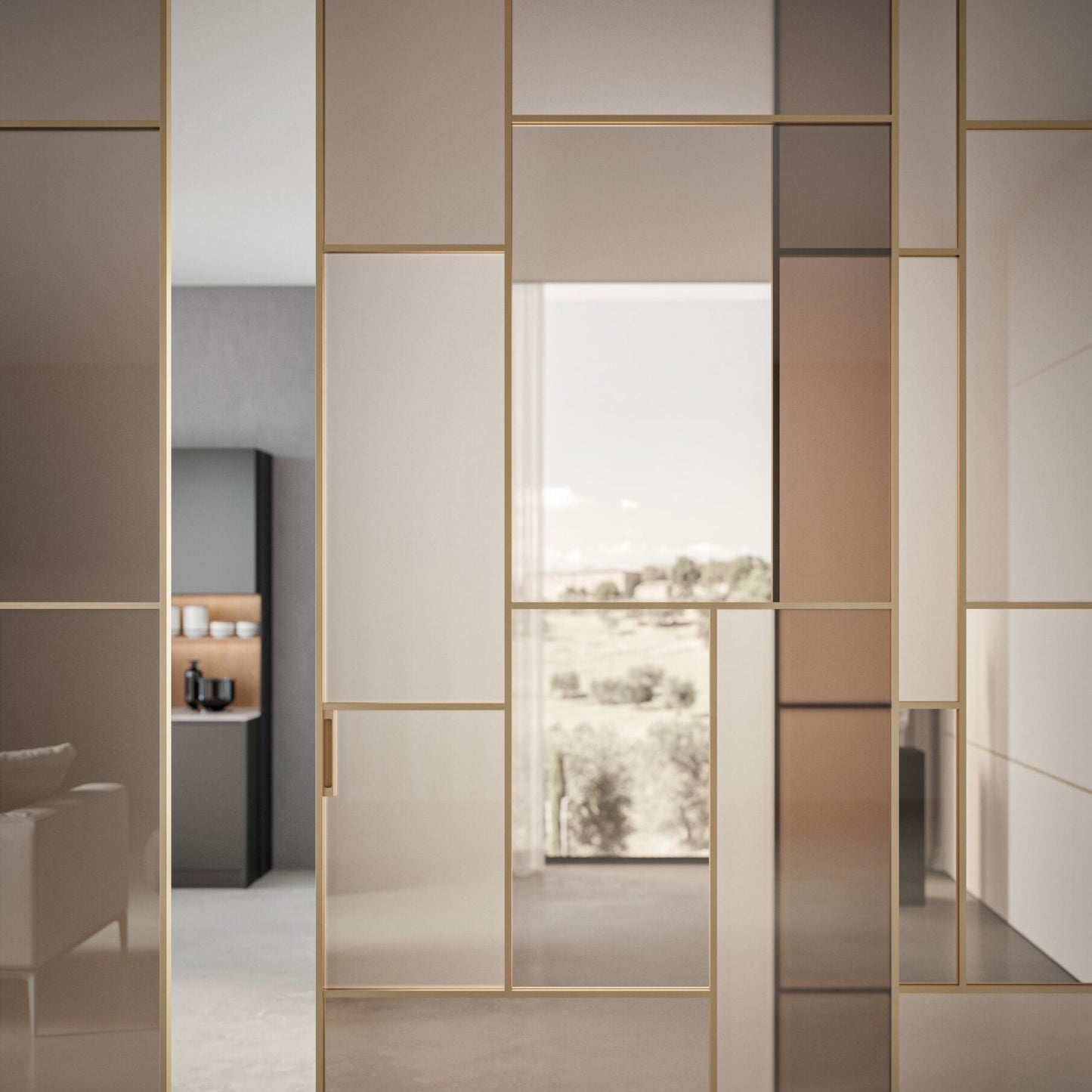 # PORTA SELENE - RES ITALIA con cornice sottile e minimale studiata per esaltare la leggerezza e la purezza del vetro