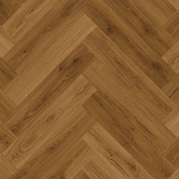 Pavimento in PVC CIRO ROVERE CARAMELLO BOTANICO QUICK-STEP motivo a spina di pesce restituisce un effetto legno profondo e strutturato