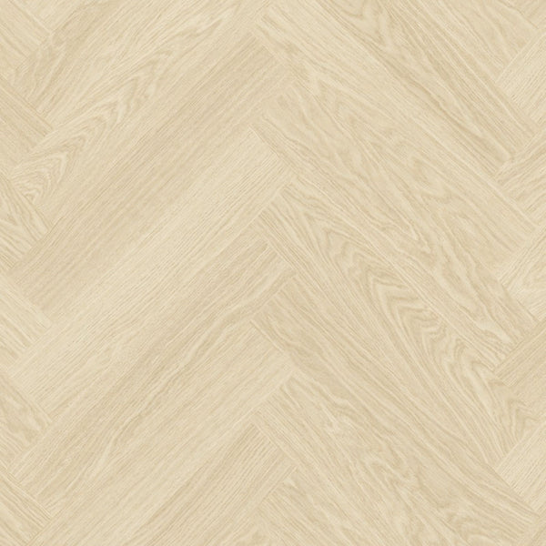 Pavimento in PVC CIRO ROVERE POLARE PURO QUICK-STEP con motivo a spina di pesce, posa Unizip e materassino integrato