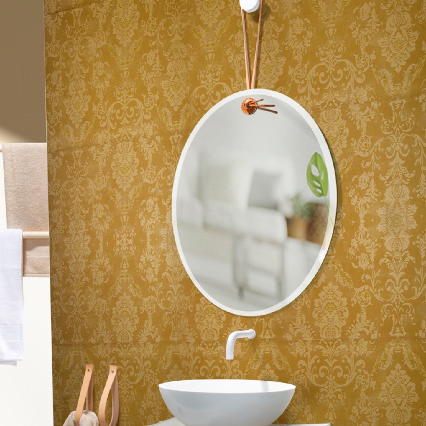 SPECCHIO TONDO LE CUIR Ø60Cm o Ø80Cm - CIPÍ Vetro Bisellato con Dettagli in Cuoio Naturale