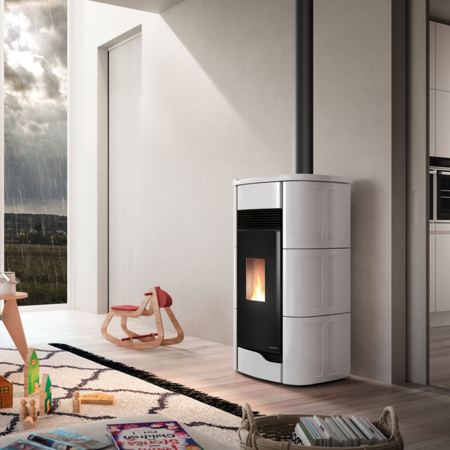 STUFA A PELLET Ecofire Anna US 12 Aria 12kW US PALAZZETTI aria ermetica con uscita fumi superiore, ventilazione regolabile, Zero Speed Fan, ceramica stondata, alto rendimento