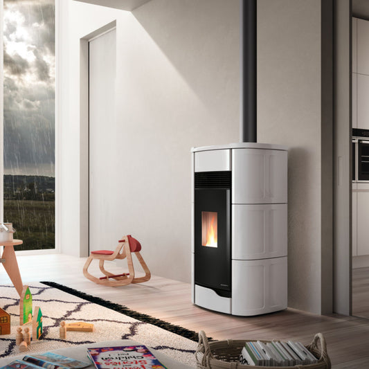 STUFA A PELLET Ecofire Anna US 12 Aria 12kW US PALAZZETTI aria ermetica con uscita fumi superiore, ventilazione regolabile, Zero Speed Fan, ceramica stondata, alto rendimento