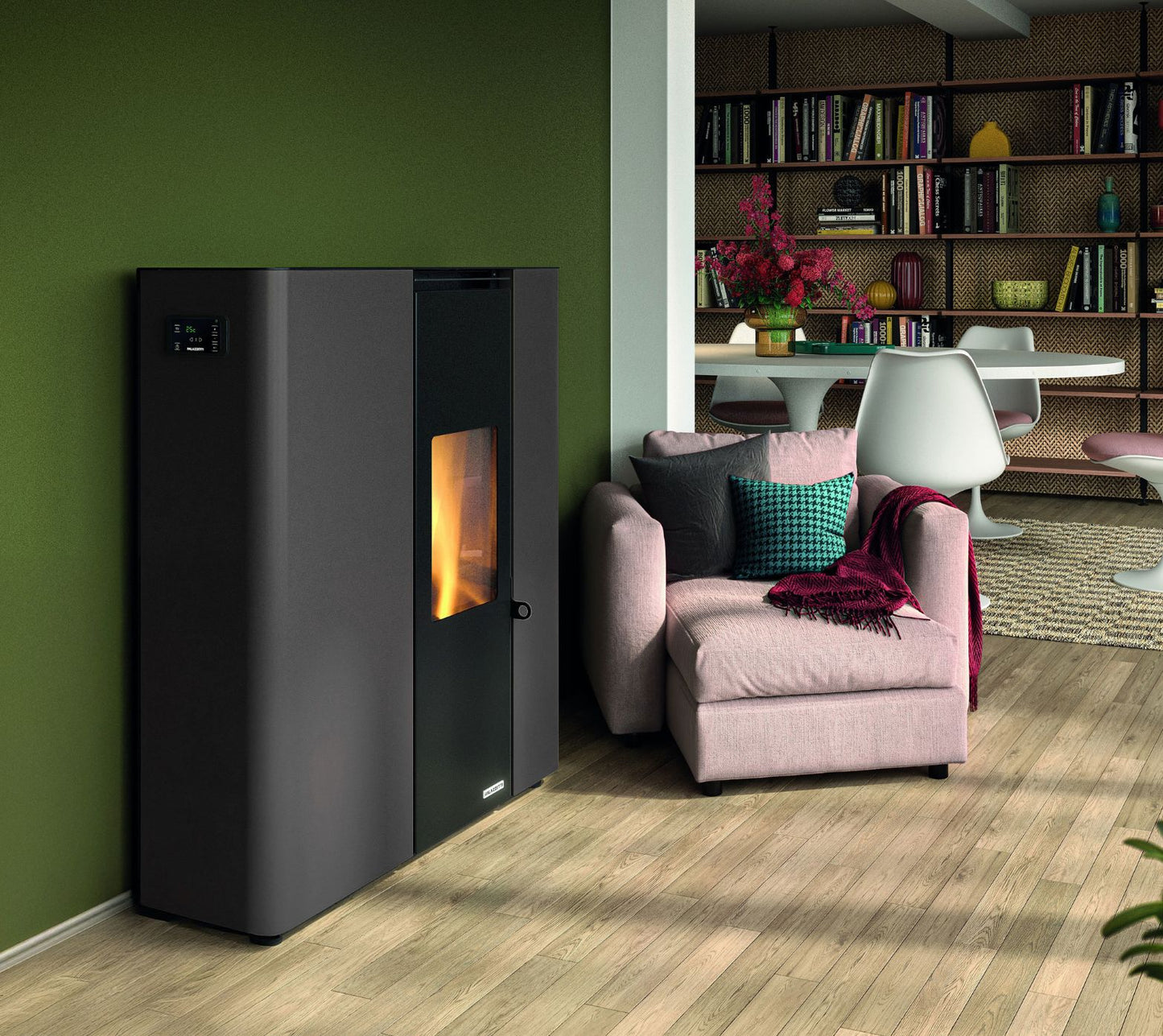 STUFA A PELLET ECOFIRE SCARLET TC 6 Aria Ventilata 6kW A+ PALAZZETTI Stufa a pellet salvaspazio ermetica, progettata per installazione a filo parete