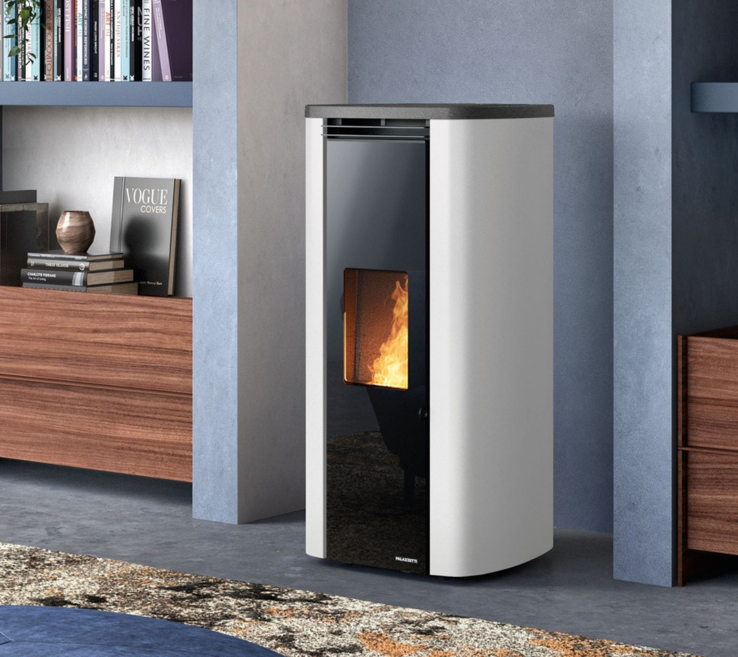 STUFA A PELLET ECOFIRE THEO 6 Aria Ventilata 6kW A+ PALAZZETTI ermetica dalle forme morbide, con top in ghisa e porta in vetro serigrafato
