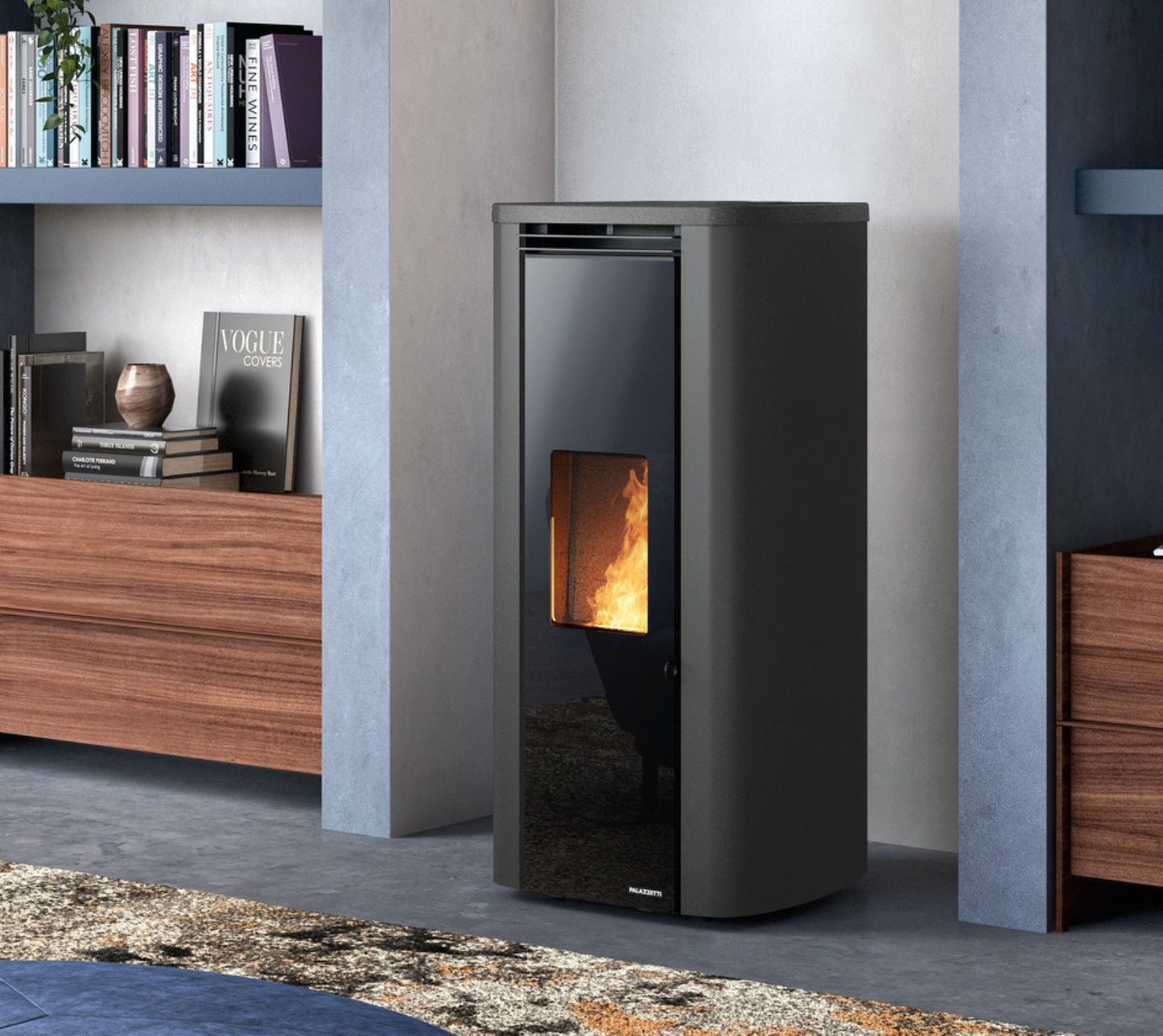 STUFA A PELLET ECOFIRE THEO 6 Aria Ventilata 6kW A+ PALAZZETTI ermetica dalle forme morbide, con top in ghisa e porta in vetro serigrafato