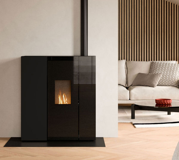 STUFA A PELLET ECOFIRE TIFFANY 10 US Aria Irraggiamento 10kW A+ PALAZZETTI progettata per installazione a filo parete, ideale per ambienti ristretti