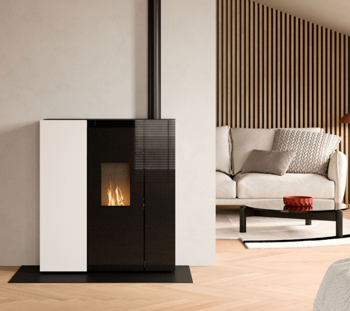 STUFA A PELLET ECOFIRE TIFFANY 10 US Aria Irraggiamento 10kW A+ PALAZZETTI progettata per installazione a filo parete, ideale per ambienti ristretti
