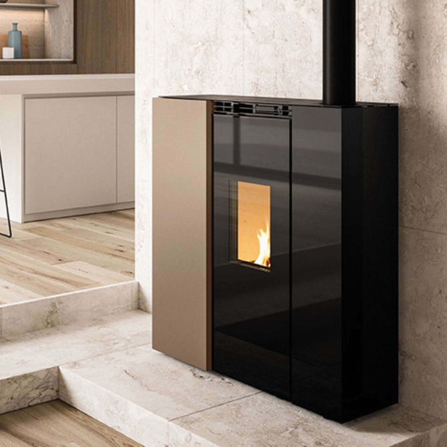 STUFA A PELLET Ecofire Tiffany Idro 13kW PALAZZETTI salvaspazio idro ventilata acciaio vetro braciere autopulente acqua