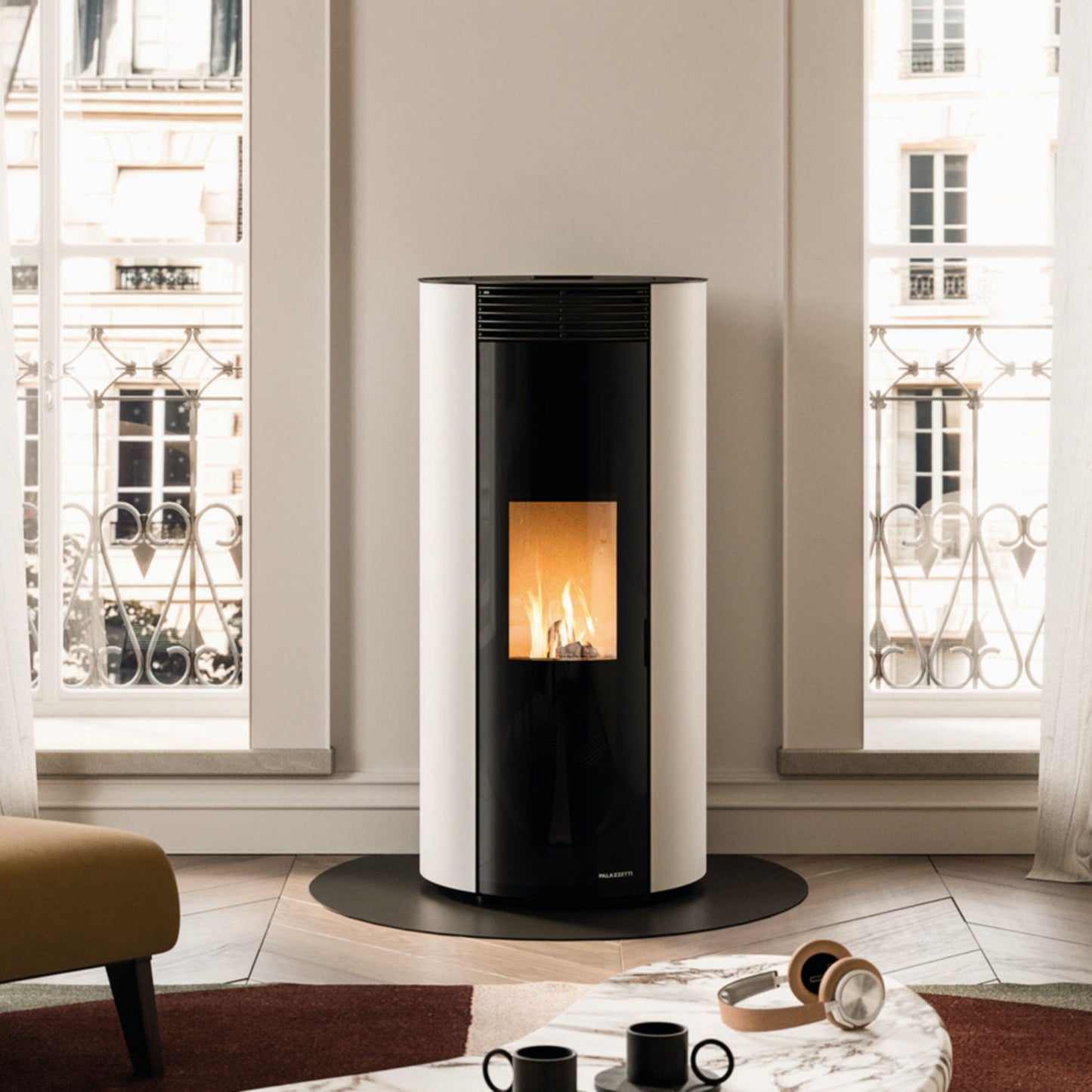 STUFA A PELLET ECOFIRE EMILY 9 Aria ventilata 9kW PALAZZETTI ermetica design rotondo autopulente combustione totale 9 kw 5 stelle