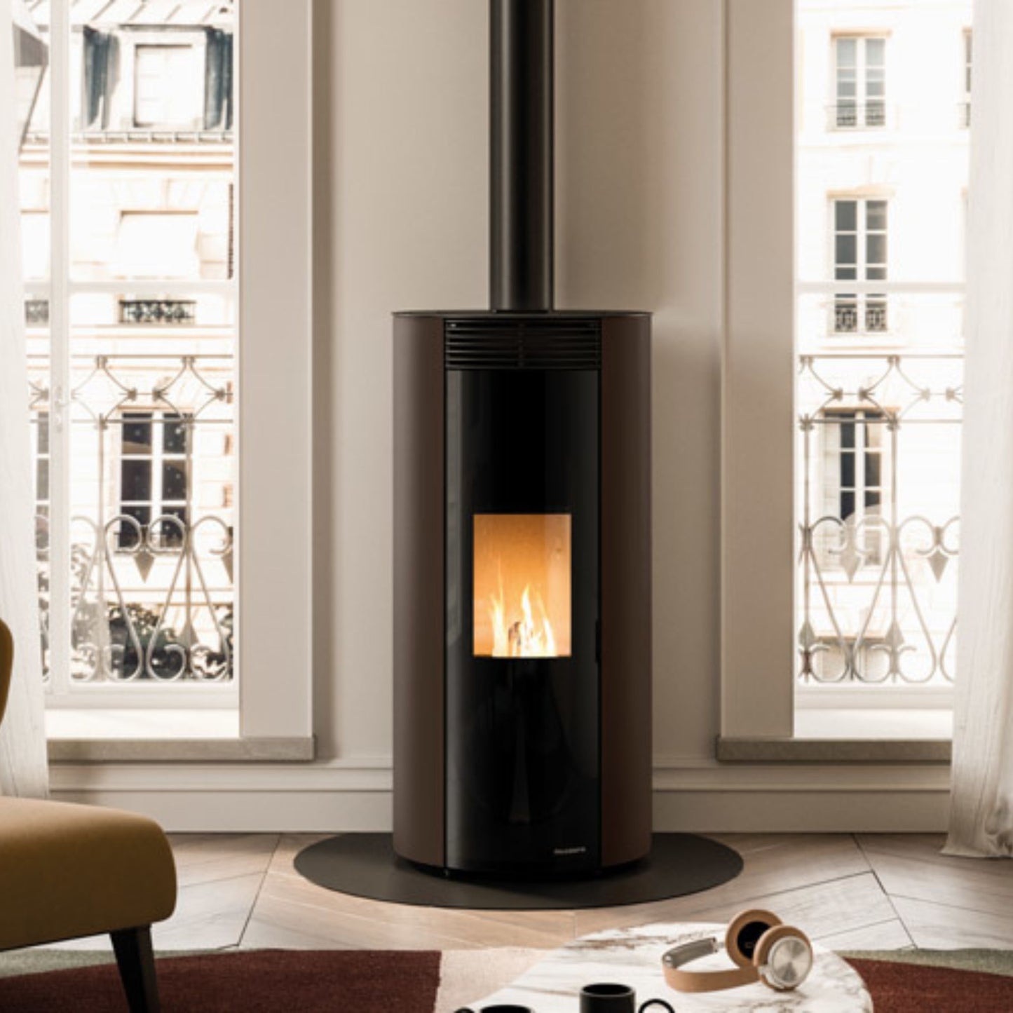 STUFA A PELLET ECOFIRE EMILY 6 US Aria ventilata 6kW PALAZZETTI ermetica uscita fumi superiore coassiale design rotondo autopulente 5 stelle
