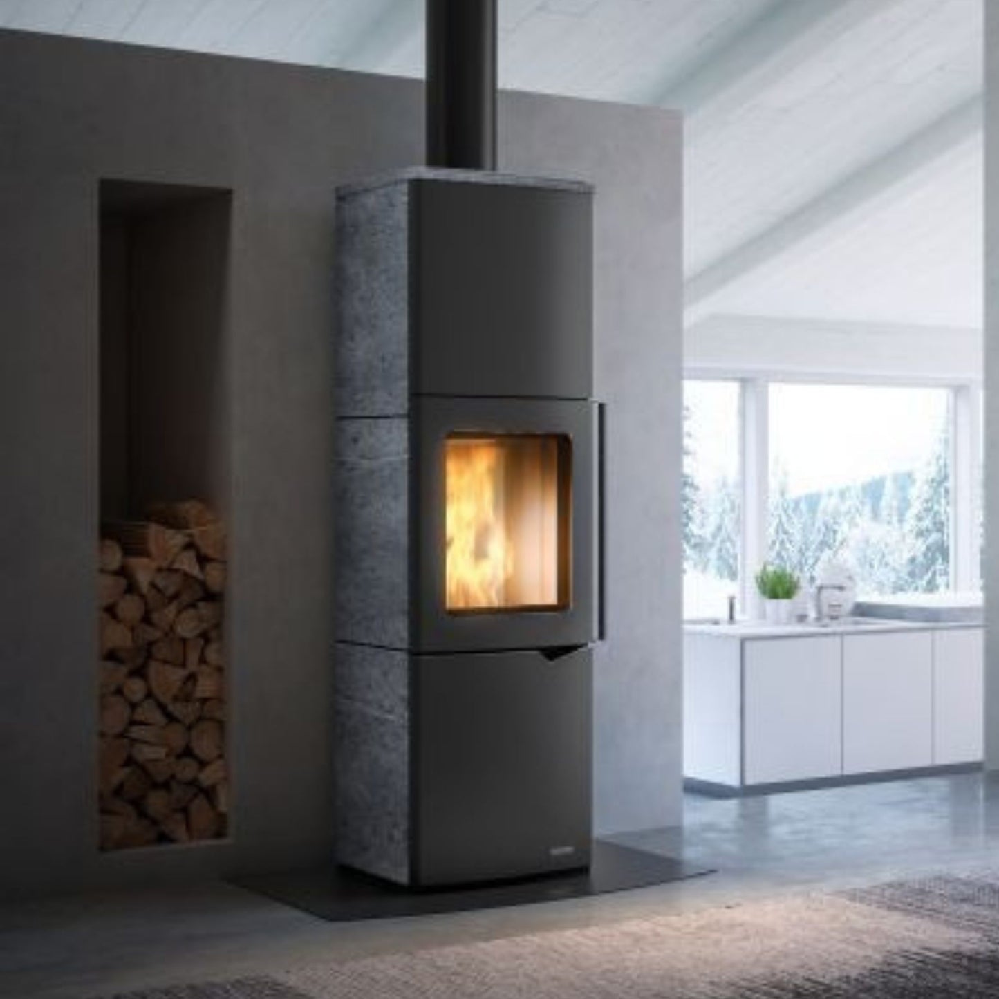 STUFA A LEGNA EVA S CON ACCUMULO e tecnologia After Flame Aria irraggiamento 8kW A PALAZZETTI per rilascio graduale del calore fino a 10 ore dopo lo spegnimento