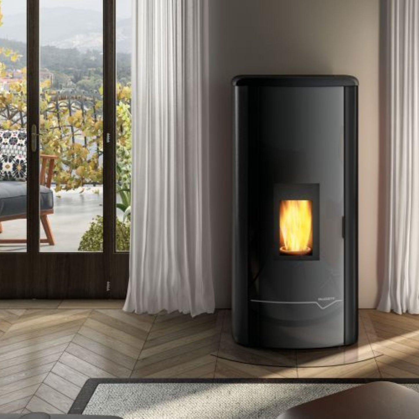 STUFA A PELLET Ecofire Mirella Idro 13 acqua PALAZZETTI ad alta efficienza con vetro ceramico autopulente e gruppo idraulico integrato