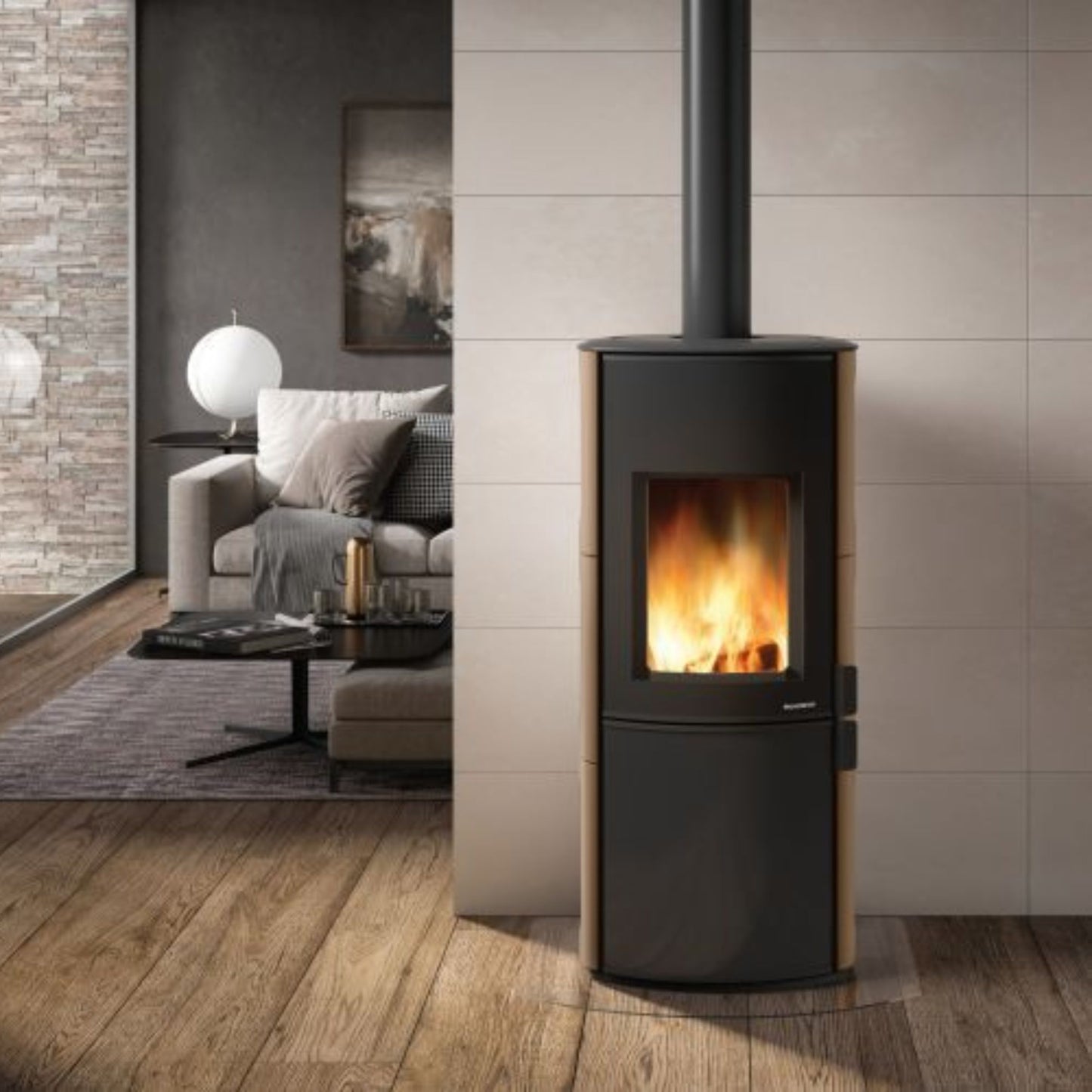 STUFA A LEGNA DALIA Aria irraggiamento 7kW A PALAZZETTI con porta verticale a chiusura automatica e rivestimento in ceramica stondata per riscaldamento domestico