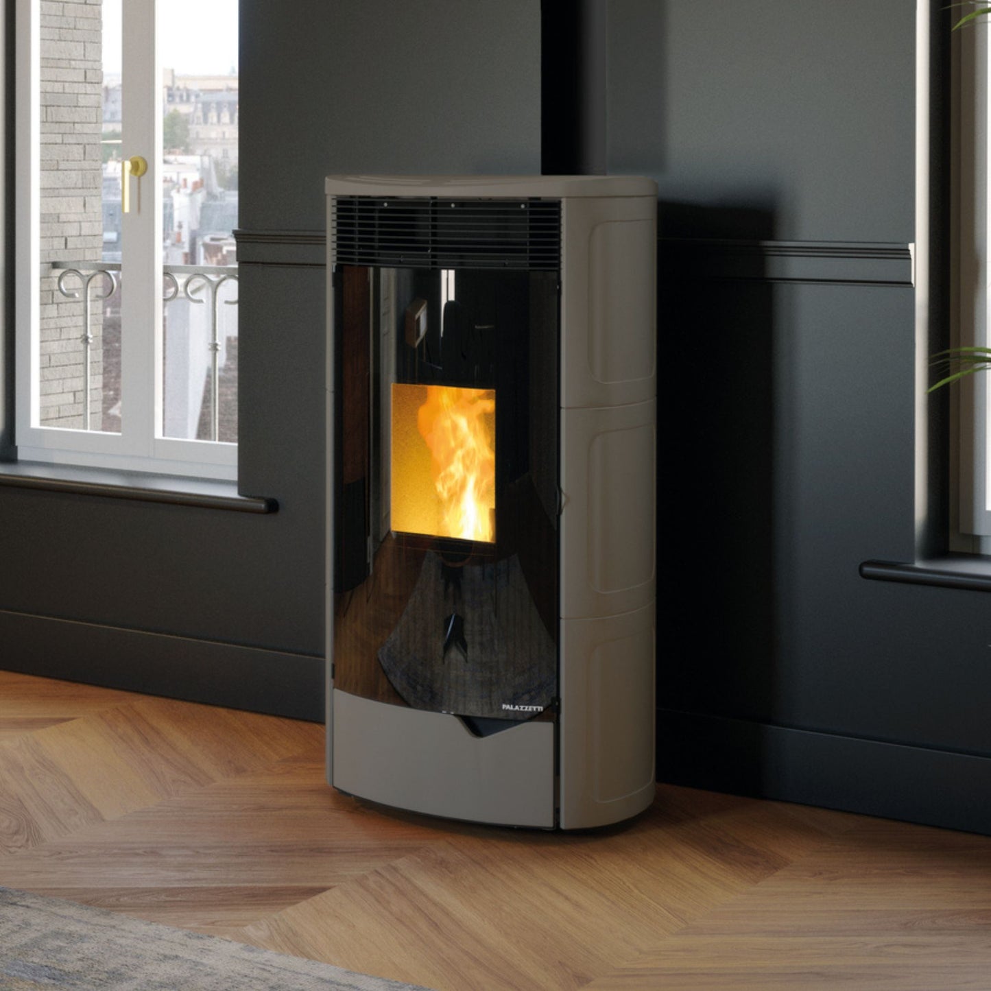 STUFA A PELLET ECOFIRE NADINE TC 9 US Pro2 Aria Ventilata 9kW A+ PALAZZETTI riscaldamento performante e sicuro con struttura in acciaio con rivestimento in ceramica