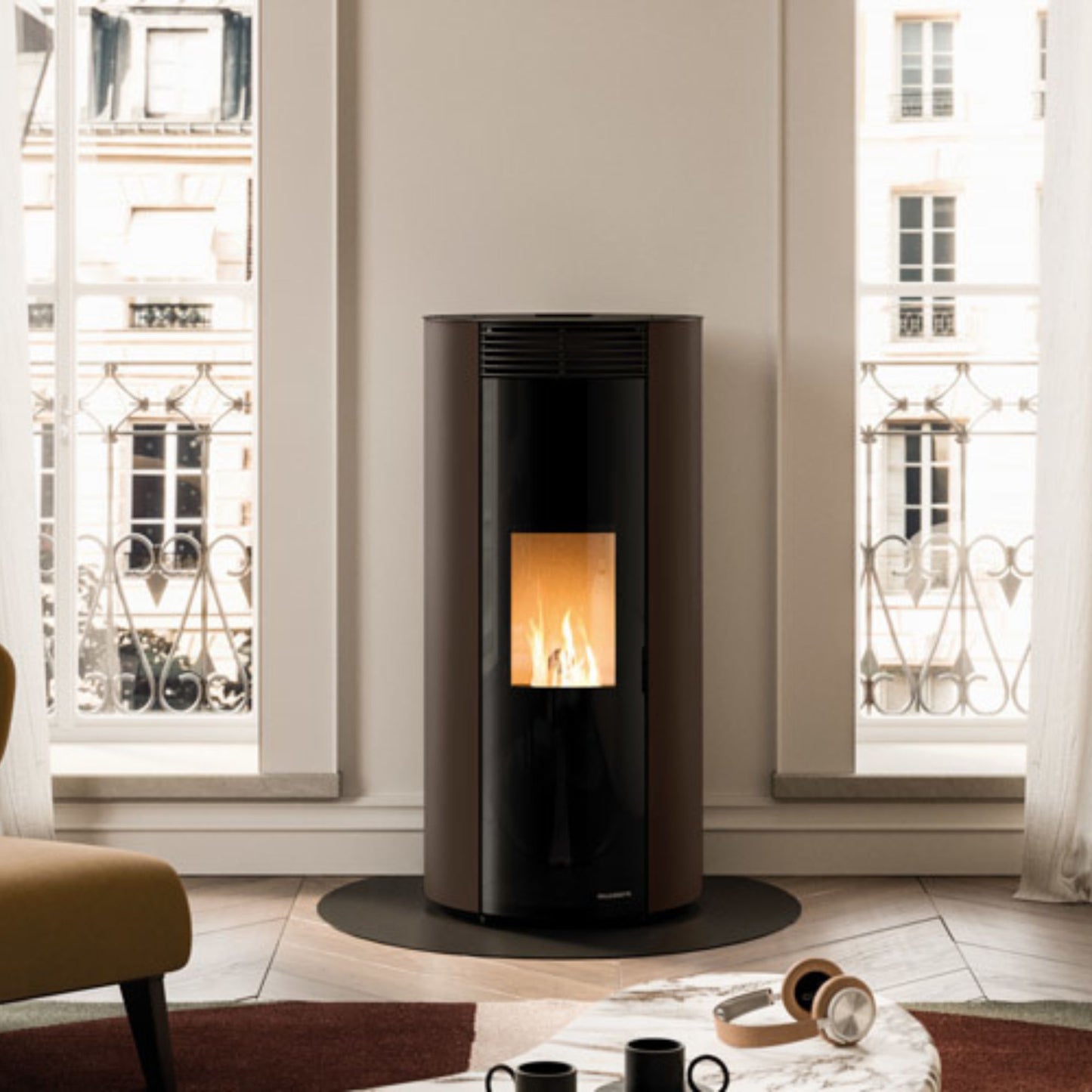 STUFA A PELLET ECOFIRE EMILY 9 Aria ventilata 9kW PALAZZETTI ermetica design rotondo autopulente combustione totale 9 kw 5 stelle