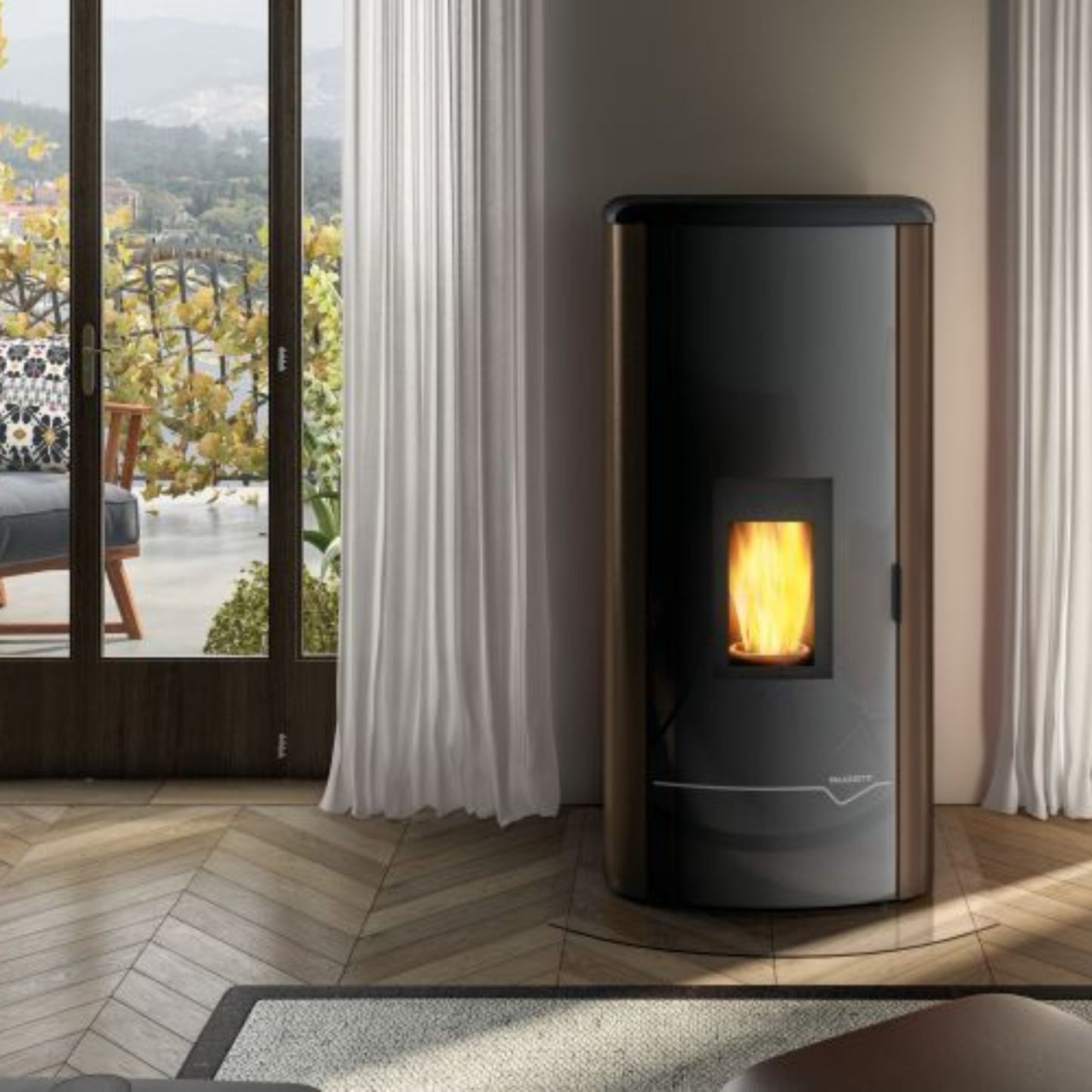 STUFA A PELLET Ecofire Mirella Idro 13 acqua PALAZZETTI ad alta efficienza con vetro ceramico autopulente e gruppo idraulico integrato