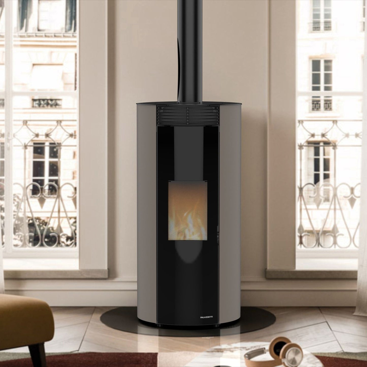 STUFA A PELLET ECOFIRE EMILY 6 US Aria ventilata 6kW PALAZZETTI ermetica uscita fumi superiore coassiale design rotondo autopulente 5 stelle